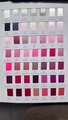 Color chart for transparent lace ribbon showing 56 shades of glossy satin embroidery trim - Color Chart 4