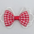 Red and white checkered polyester bow with white lace trim for DIY doll clothing accessories - Red Grid Double Ear Style