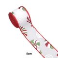 Close-up of 5cm Christmas faux linen ribbon with red and green glitter candy patterns - 5cm Specification / White