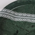 Detailed close-up of elegant white floral lace ribbon with scalloped edges on green tray - 20w30mm