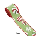 5cm grünes Weihnachtsband aus Leinenimitat mit roten Zuckerstangen-Wirbelmustern - 5cm Spezifikation / Grün