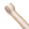 Natural burlap ribbon roll with white lace trim for DIY rustic wedding craft projects - White Floral Style (mb-LBR-1658-2)
