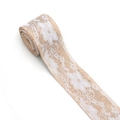 Natural jute burlap ribbon roll with elegant white floral lace overlay trim - Center Floral Cover Style (mb-JINFENG)