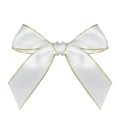 Handmade white satin bow with elegant gold metallic edges for gift boxes and cakes - 8x8cm / White