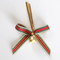 Christmas bow decoration with red green gold stripes and small metallic bell detail - Gold Green Red Gold Edge Ribbon Bow