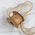 Elegant champagne organza fishtail ribbon with dark wavy edges on a kraft paper spool - 6cmx9m / Coffee