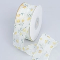 White floral organza ribbon with yellow tulips, gold wired edges and pastoral style for DIY - Ginger Floral (Small Roll)