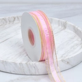 Pink chiffon ribbon with gold edges and Just For You text on a white spool roll - Just For You Print / 2.5cm Wide / Pink