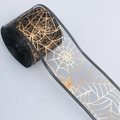 Halloween black sheer ribbon roll featuring golden spider web pattern and wired edge - [5cm Wide] Gold Spiderweb Black Edge