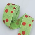 Grass green burlap ribbon with red and light green glitter polka dots for Easter gift wrapping - Green Glitter Polka Dot Style / 6.5cm