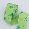 Pastel green linen wired ribbon with glitter shamrock patterns for Easter and St. Patrick's Day - Green Glitter Clover Style / 6.5cm