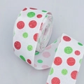White festive ribbon roll with red and green glitter polka dots and wired edges - White Glitter Polka Dot Style / 6.5cm