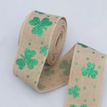 Saint Patrick's Day burlap ribbon with green glitter shamrocks and stitched edges - Natural Glitter Clover Style / 5cm