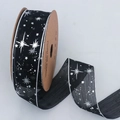Cinta de gasa negra con estrellas plateadas para envolver regalos y decoración floral - 4cm de Ancho / Negro