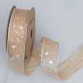 Cinta de organza champán con estrellas plateadas y bordes metálicos para envolver regalos - 4cm de Ancho / Champaña