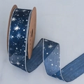Dark blue starry sky organza ribbon with silver foil star patterns for DIY gift wrapping - 4cm Wide / Dark Blue
