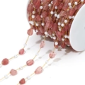 Strawberry quartz and pearl beaded chain with golden metal wire for DIY jewelry - Pink
