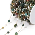 DIY necklace chain with colorful natural crushed stones and white pearls on gold link wire - Green Multicolor