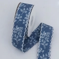 Navy blue denim texture ribbon with white berry print and scalloped embroidery edge - 4cm*10 Yards / Dark Blue