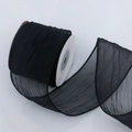 Roll of black pleated sheer organza ribbon with wire edges for floral bouquets - 6.3cm Wide / Black