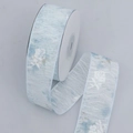Light blue translucent ribbon with white rose floral patterns on a white spool - Wide Short / Blue