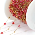 DIY handmade stainless steel chain with red faceted glass beads and gold metal beads - Pink