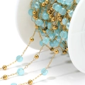 DIY gold beaded chain with light blue faceted crystal beads for jewelry making - Blue