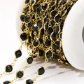 6.6mm gold stainless steel DIY chain with black faceted glass beads on white spool - Black