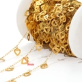 9mm gold heart link chain on white spool for DIY jewelry making and necklace design - Hollow Embossed Heart Chain (9mm) / Gold