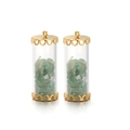 Cylindrical glass pendant featuring green natural stone chips with golden metal caps - Light Green