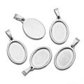 Detailed macro view showing five stainless steel oval pendant trays with bails for DIY jewelry - Oval Steel Color