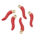 Set of five red chili pepper pendants in enamel finish with gold-plated metal hanging loops - Small / Gold