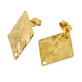 Close-up of 18k gold plated stainless steel diamond earrings with woven texture - Woven Rhombus / Gold
