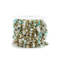 Detail shot of natural light blue stones and gold square beads on a white spool roll - White Green