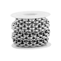 13mm stainless steel woven chain in silver finish on a white storage spool - Smooth Steel Color