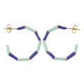 Detail of bamboo joint C-shape hoop earrings with blue and green enamel and gold accents - Light Green Royal Blue