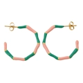 Bamboo style C-shaped drop oil earrings in pink and green with gold metal details - Dark Green and Pink
