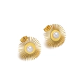 Golden sunflower earrings with white central pearl in a stylish 18k gold plated design - 20mm Sun White Artificial Pearl Studs Gold