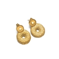 Vintage 18k gold plated double disc drop earrings with textured sunburst pattern - 10mm+19mm Hollow Embossed Double Disk Studs Gold