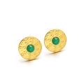 Vintage golden sunflower earrings with hammered metal texture and green round gemstone - 12mm Hammered Disk Rhinestone Studs Gold