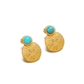 Vintage 18k gold sun flower earrings with green turquoise inlay and matte finish - 15mm Striped Disk Rhinestone Studs Gold