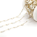Golden stainless steel chain with white oval shell beads on spool for DIY jewelry - Round Bead And Oval (F2278)
