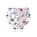 S925 silver heart charm with pink enamel cherry blossoms and sparkling zircons - 925 Sterling Silver / Heart Shaped Sakura Style (PC0098)