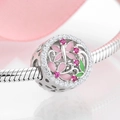 S925 silver four-leaf clover charm with pink enamel petals and rose red zircon stones - 925 Sterling Silver / Round Pink Flower Green Leaf (PC0160)