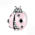Charm coccinelle en argent 925 avec émail rose, zircons brillants et détail de cœur - Style Coccinelle Cœur Amour Émaillé Rose (PA0124)