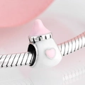 S925 sterling silver baby bottle charm with pink heart for DIY charm bracelets - Pink And White Heart Milk Bottle Style (PC0179)
