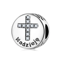 925 silver charm bead with zircon cross and Polish Hope engraving Nadzieję - Hope (Nadzieję)