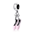 Pendentif ballerines en émail rose en argent sterling S925 avec détail nœud et perle large - Style Double Chaussures de Ballet (PD0094)
