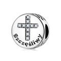 S925 Sterling Silver charm with zircon cross and Polish text Szczęśliwy for bracelets - Happiness (Szczęśliwy)