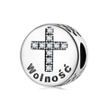 925 Sterling Silber Kreuz Charm mit Wolność Gravur und klaren Zirkonia Steinen - Freiheit (Wolność)